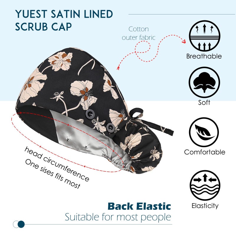 Yuest Satin Lined Scrub Caps with Buttons & Sweathand, Surgical Caps for Women - Image 3