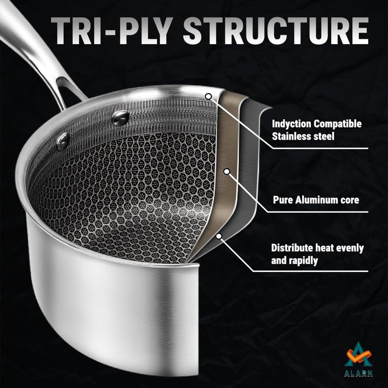 Alark وعاء شاي من الفولاذ المقاوم للصدأ مع مقلاة صلصة للطهي للحليب والجبن ومقلاة بيض غير لاصقة ومقلاة عسلية (1.2 لتر) وصينية خبز ووك ومقلاة وعاء شاي مع مقبض ستيك آمنة للغسل في غسالة الصحون [49x21x9 سم] - Image 3