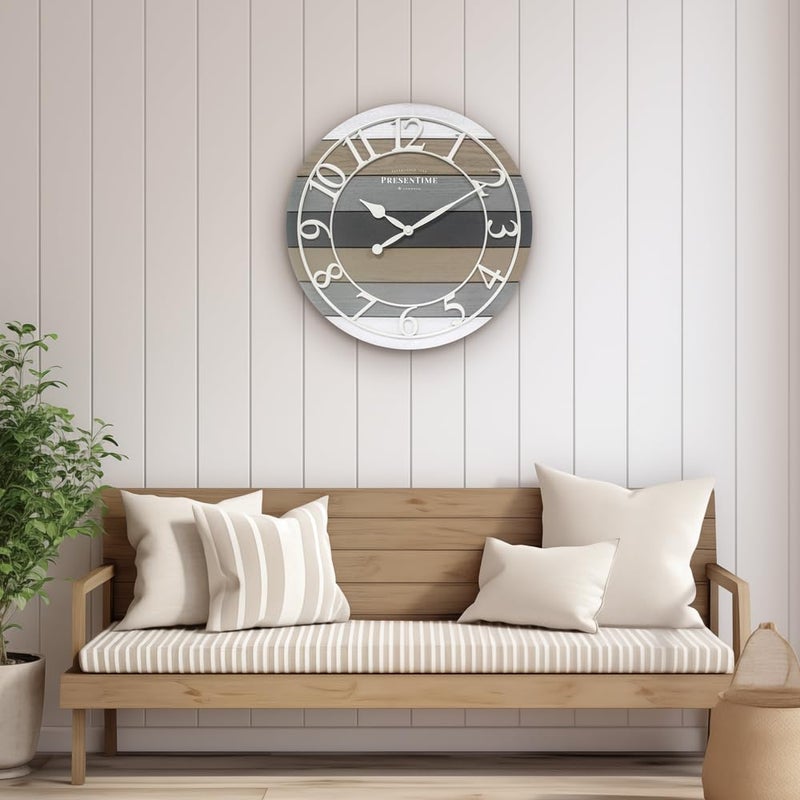 Presentime & Co Modern Farmhouse Shiplap Clock, 19.5 inch, White Arabic Numerals with Multicolor Woodgrain Shiplap Style. Large Farmhouse Decor for Living Room, Entryway, Home Office. Wall DÃ©cor - Image 3