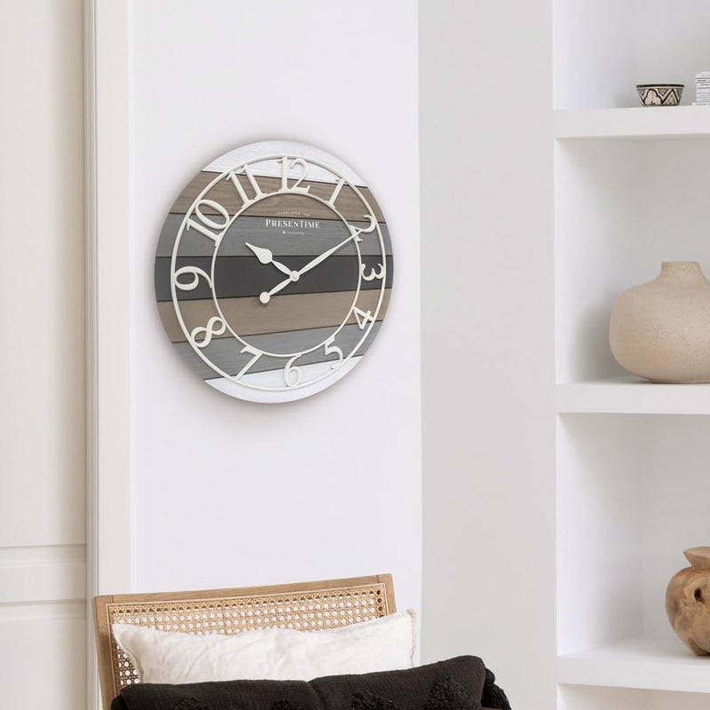 Presentime & Co Modern Farmhouse Shiplap Clock, 19.5 inch, White Arabic Numerals with Multicolor Woodgrain Shiplap Style. Large Farmhouse Decor for Living Room, Entryway, Home Office. Wall DÃ©cor - Image 4