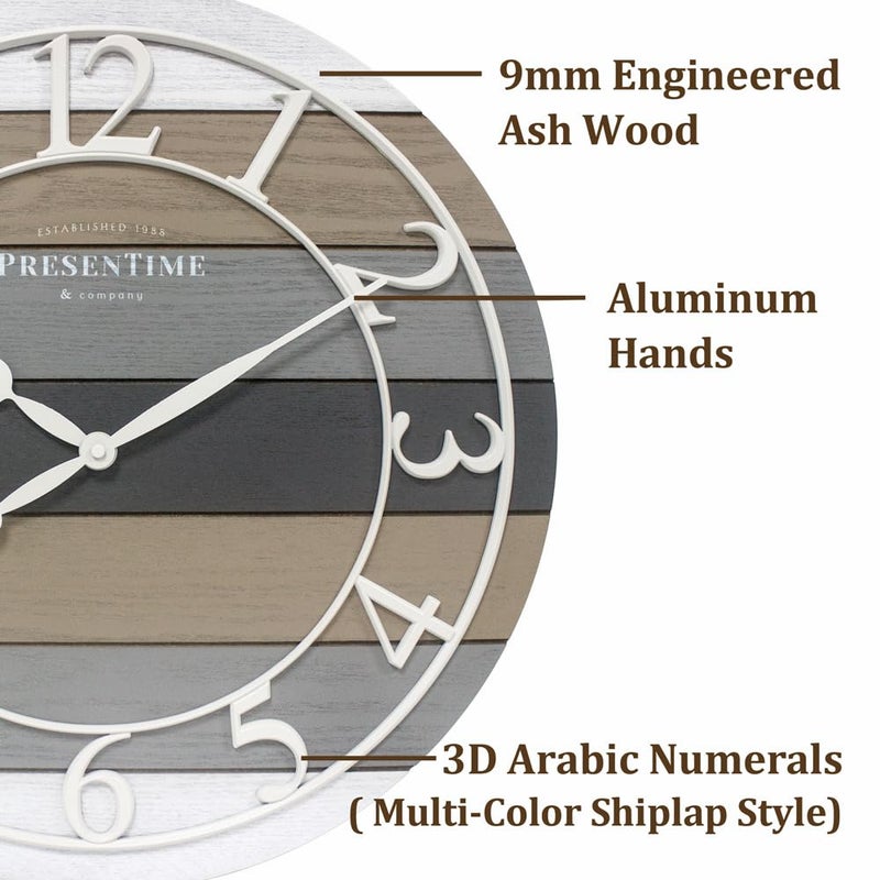 Presentime & Co Modern Farmhouse Shiplap Clock, 19.5 inch, White Arabic Numerals with Multicolor Woodgrain Shiplap Style. Large Farmhouse Decor for Living Room, Entryway, Home Office. Wall DÃ©cor - Image 2