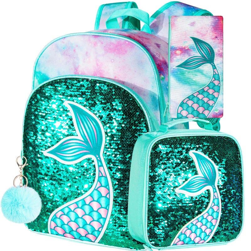 gxtvo 3PCS Mermaid Backpack for Girls 16 Sequin Preschool Elementary Bookbag and Lunch Box - Image 2
