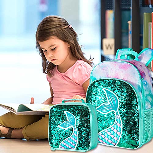 gxtvo 3PCS Mermaid Backpack for Girls 16 Sequin Preschool Elementary Bookbag and Lunch Box - Image 3