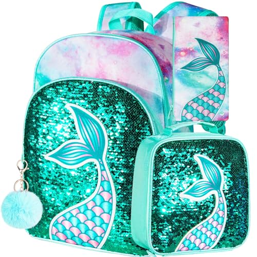 gxtvo 3PCS Mermaid Backpack for Girls 16 Sequin Preschool Elementary Bookbag and Lunch Box - Image 1