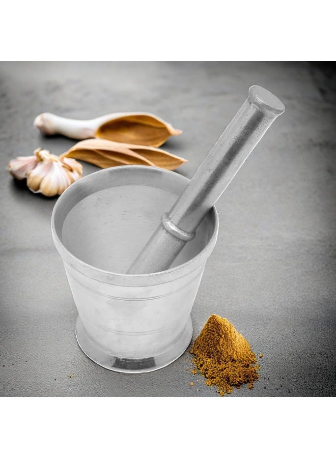 ALSAQER Alsaqer Aluminium Mortar Set 16 CM, Aluminium Spice Grinder, Garlic Crusher, Manual Spices Grinder, Chutney Maker, Ideal For Ginger, Garlic, Herbs with Hand Hammer  - Image 3