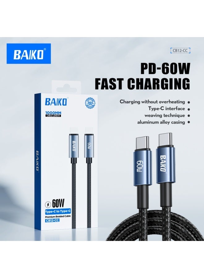BAIKO CB12 USB-C to USB-C Cable 1 Meter 60W Fast Charging Cord, Woven Type C Charger Cable for iPhone , iPad, MacBook, Samsung, AirPods & USB-C Devices - Image 1