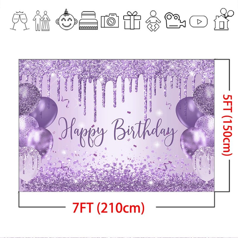 Mocsicka Purple Birthday Backdrop 7x5ft Glitter Balloon Woman Happy Birthday Party Decorations Glitter Girls Sweet 16 18th 21th Birthday Party Decorations Cake Table Supplies - Image 5