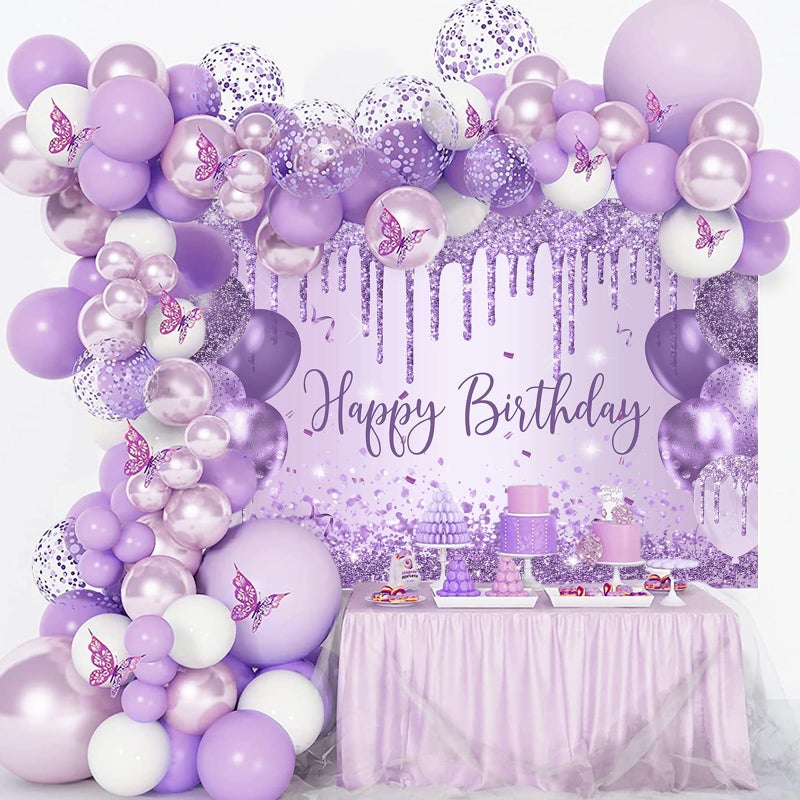 Mocsicka Purple Birthday Backdrop 7x5ft Glitter Balloon Woman Happy Birthday Party Decorations Glitter Girls Sweet 16 18th 21th Birthday Party Decorations Cake Table Supplies - Image 3