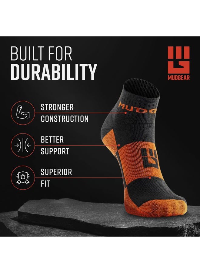 MudGear Quarter Crew Trail Socks, Blister-Resistant, Sweat-Resistant & Quick-Drying, Cushioned Footbed, Made in USA, 2-Pack, Black/Orange, L - Image 3