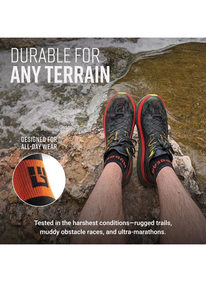 MudGear Quarter Crew Trail Socks, Blister-Resistant, Sweat-Resistant & Quick-Drying, Cushioned Footbed, Made in USA, 2-Pack, Black/Orange, L - Image 2