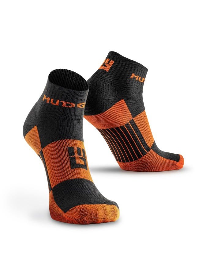 MudGear Quarter Crew Trail Socks, Blister-Resistant, Sweat-Resistant & Quick-Drying, Cushioned Footbed, Made in USA, 2-Pack, Black/Orange, L - Image 1