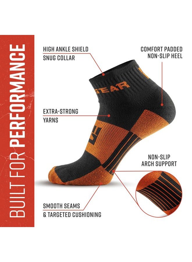 MudGear Quarter Crew Trail Socks, Blister-Resistant, Sweat-Resistant & Quick-Drying, Cushioned Footbed, Made in USA, 2-Pack, Black/Orange, L - Image 4