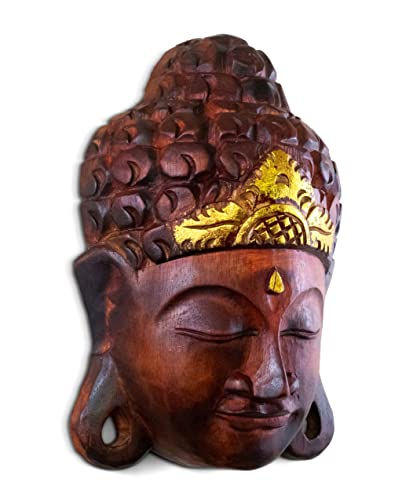 G6 Collection 12" Wooden Wall Mask Serene Buddha Head Statue Hand Carved Sculpture Handmade Figurine Gift Home Decor Accent Handcrafted Art Wall Hanging Decoration Buddha Face Mask, Brown - Image 2