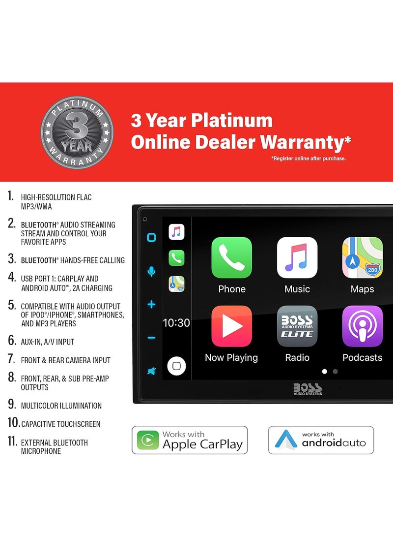 BOSS AUDIO SYSTEMS Elite Series BE950WCPA Wireless Apple CarPlay, Android Auto Car Multimedia Player - Double Din Radio, 6.75 Inch Capacitive Touchscreen, Bluetooth - Image 2