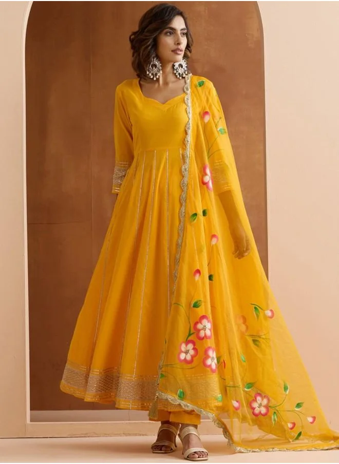 ISHIN Yellow Women Yellow Cotton Kurta Set with Embroidered pattern Tunic and Palazzo features a Round neckline and Three-Fourth Sleeve secured with Elastic closure and styled in Straight Fit ideal for Festive moments — designed to make heads turn.