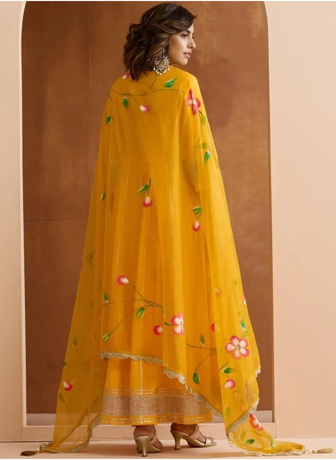 ISHIN Yellow Women Yellow Cotton Kurta Set with Embroidered pattern Tunic and Palazzo features a Round neckline and Three-Fourth Sleeve secured with Elastic closure and styled in Straight Fit ideal for Festive moments — designed to make heads turn.