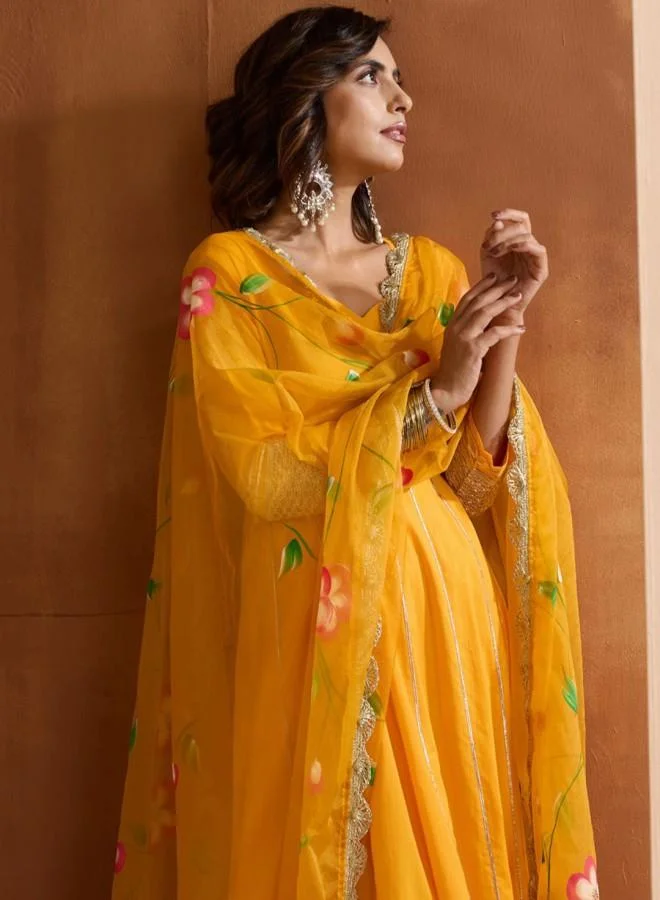 آي شين Women's Yellow 100% Cotton Embroidered Tunic Full Length Palazzo Straight Fit Kurta Set