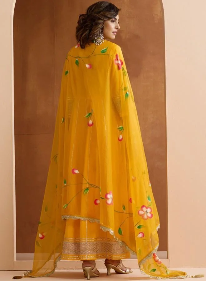 آي شين Women's Yellow 100% Cotton Embroidered Tunic Full Length Palazzo Straight Fit Kurta Set