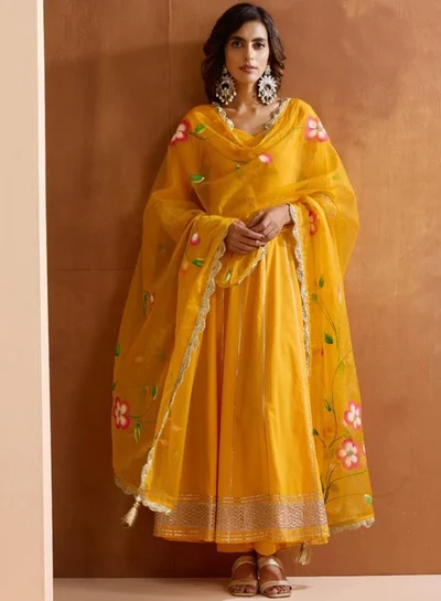 ISHIN Women's Yellow 100% Cotton Embroidered Tunic Full Length Palazzo Straight Fit Kurta Set