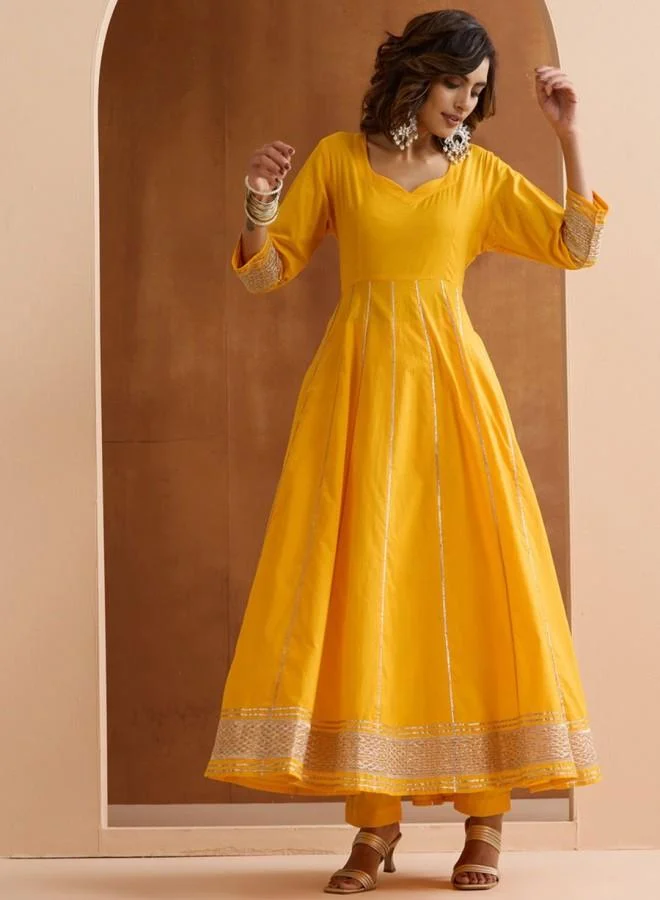 آي شين Women's Yellow 100% Cotton Embroidered Tunic Full Length Palazzo Straight Fit Kurta Set