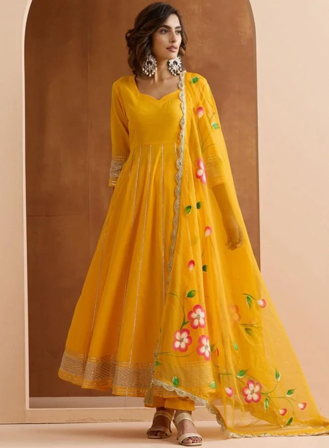 آي شين Women's Yellow 100% Cotton Embroidered Tunic Full Length Palazzo Straight Fit Kurta Set