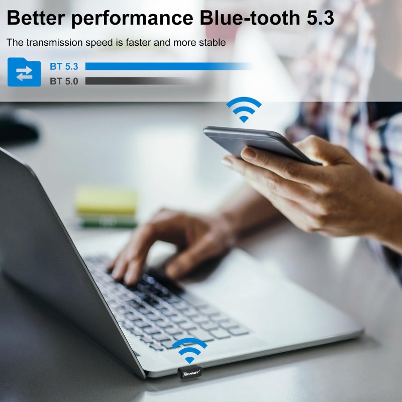 TECHKEY USB Bluetooth Adapter for Desktop PC, Plug&Play 5.3 Mini EDR Bluetooth Dongle Receiver & Transmitter for Laptop Computer Compatible with BT Headphones Keyboard Mouse Windows 11/10/8.1 - Image 3