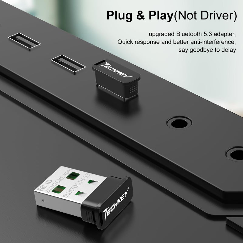TECHKEY USB Bluetooth Adapter for Desktop PC, Plug&Play 5.3 Mini EDR Bluetooth Dongle Receiver & Transmitter for Laptop Computer Compatible with BT Headphones Keyboard Mouse Windows 11/10/8.1 - Image 2