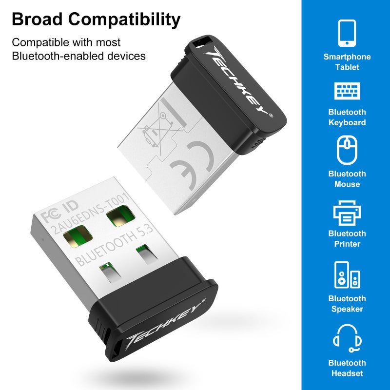 TECHKEY USB Bluetooth Adapter for Desktop PC, Plug&Play 5.3 Mini EDR Bluetooth Dongle Receiver & Transmitter for Laptop Computer Compatible with BT Headphones Keyboard Mouse Windows 11/10/8.1 - Image 5