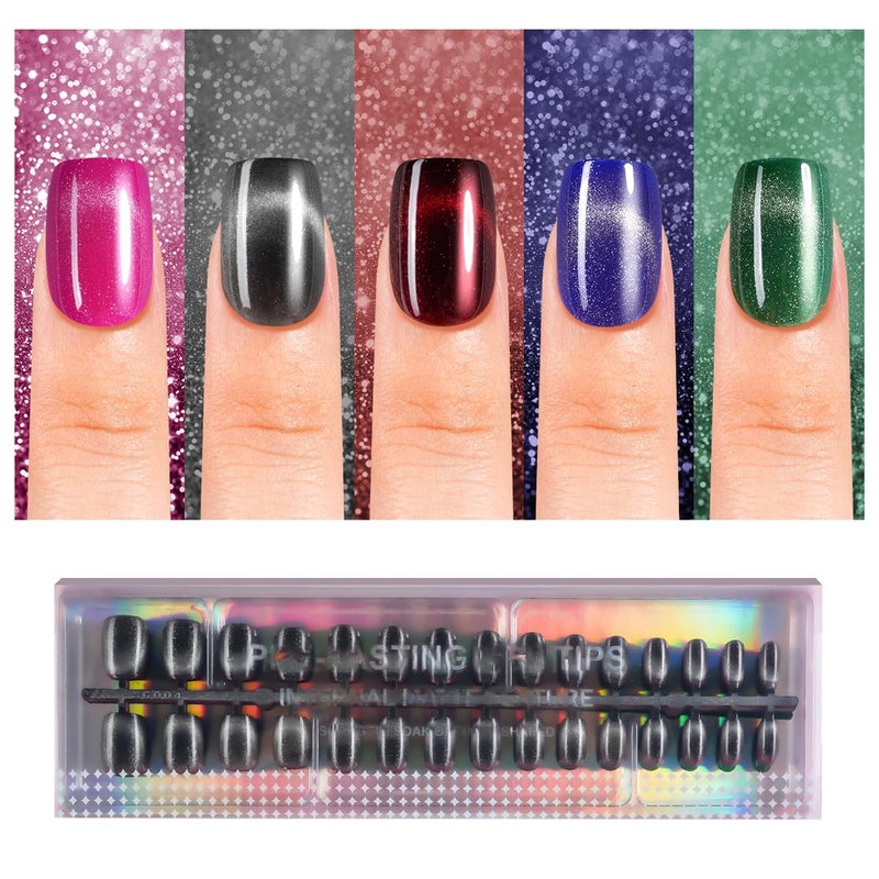Plauva 150Pcs Cat Eye French Press on Nails, Plauva Short Square Fake Nails, Glossy Glitter Cat Eye Nail Tips, Soft Gel Stick On Nails for Women and Girls 15 Sizes - Image 1