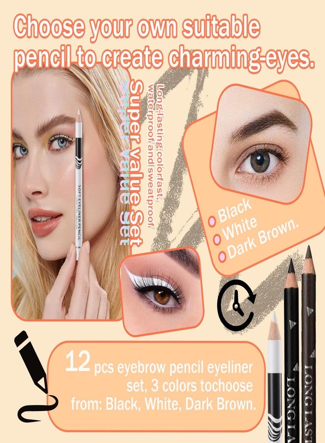 LJYBoBin 12PCS Eyeliner Pencil,Black White Dark Brown Waterproof Eyeliner Pencil Pen Set,Smudge-proof Long Lasting Matte Eye Liner Makeup Pencils,Easy Apply Colored Eyeliner Pencil - Image 2