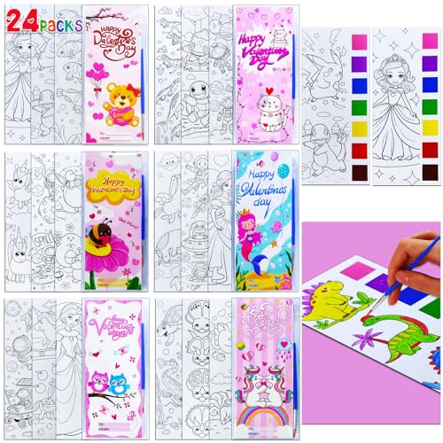 JUNQIU US JUNQIU 24 Pack Valentines Day Cards For Kids School Watercolor Coloring Book Set Valentines Day Gifts For Kids Classroom Exchange Paint Party Favors Valentines Crafts - Image 1