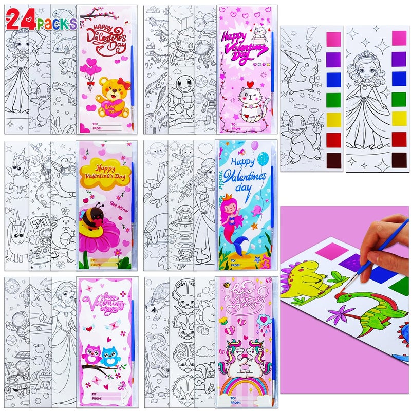 JUNQIU US JUNQIU 24 Pack Valentines Day Cards For Kids School Watercolor Coloring Book Set Valentines Day Gifts For Kids Classroom Exchange Paint Party Favors Valentines Crafts - Image 3