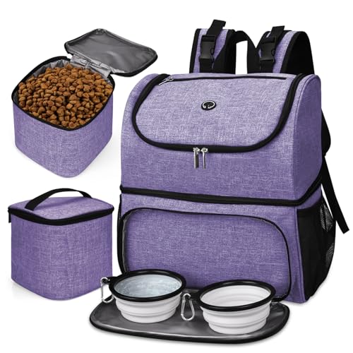 BAGLHER Pet Travel Bag, Double-Layer Pet Supplies Backpack (for All Pet Travel Supplies), Pet Travel Backpack with 2 Silicone Collapsible Bowls and 2 Food Baskets Purple - Image 1