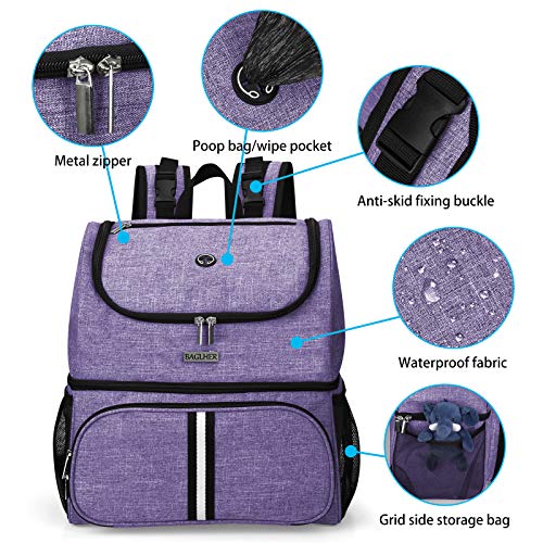 BAGLHER Pet Travel Bag, Double-Layer Pet Supplies Backpack (for All Pet Travel Supplies), Pet Travel Backpack with 2 Silicone Collapsible Bowls and 2 Food Baskets Purple - Image 3