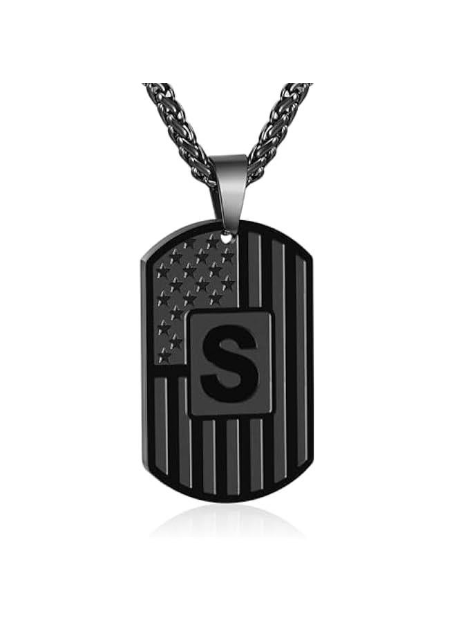 Graduation Gifts Initial A-Z Letter Necklace for Men Boys Kids Teen, Stainless Steel American Flag Dog Tag Pendent Chain Jewelry Birthday  Gifts for boyfriend husband 24Inches  - Image 1