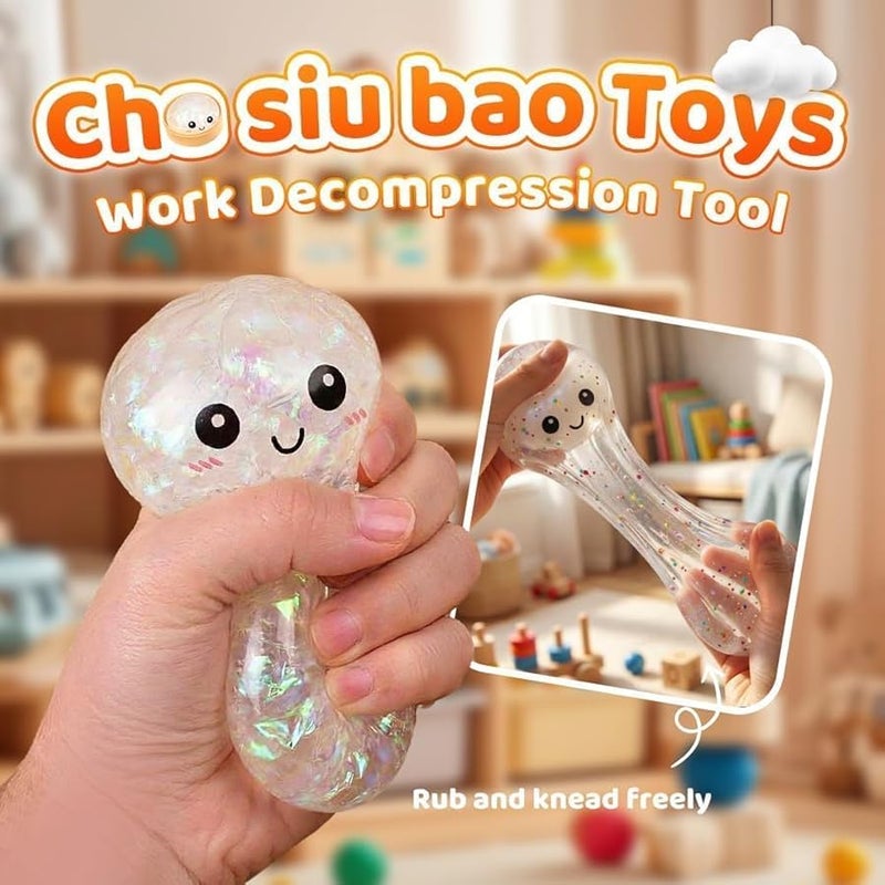 Zerkbiey Glitter Dumpling Squishy, Dumplings Squishies, Dumpling Squishy Mystery Box, Dumplings Stress Balls Fidget, Soft Squeeze Decompression Dough for Anxiety Relief Fidget (Transparent - Color Ribbon) - Image 2