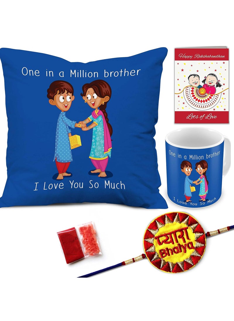 Indigifts - Indigifts Rakhi Gift for Brother Pyara Bhaiya with Roli, Rakshabandhan Greeting Card & One in a Million Brother Blue Printed 12x12 Cushion with Filler & Ceramic Mug Combo for Brother Bhaiya - Image 1
