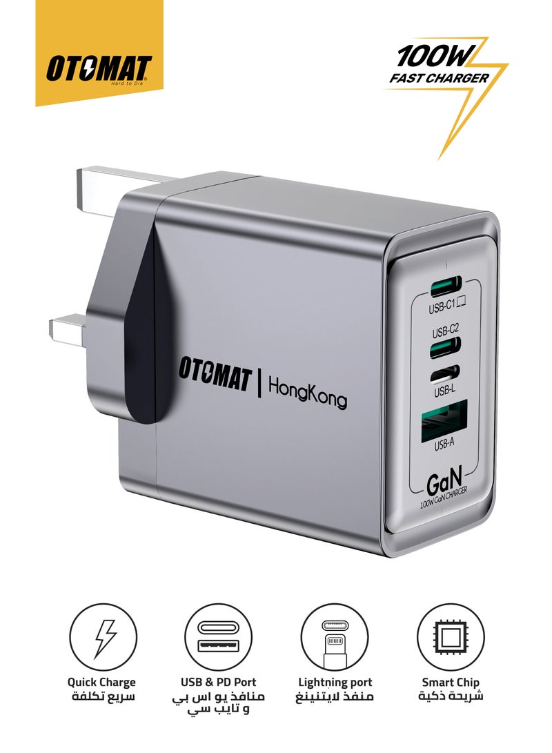 OTOMAT 100W Fast Charger – 4 Ports (USB-C PD, USB-A, Lightning) – GaN Technology, High-Speed Charging for iPhone, MacBook, Samsung Galaxy, iPad, Xiaomi, AirPods, Power Banks, and More – Black - Image 1