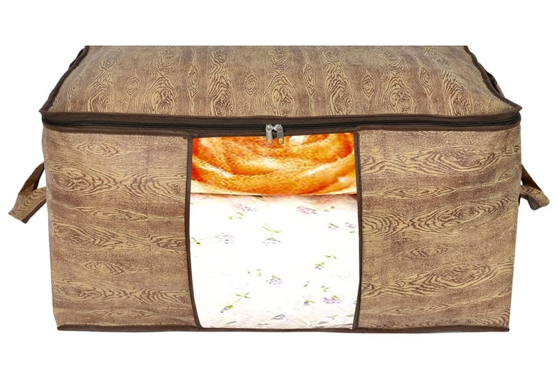 Kuber Industries Wooden Print Non Woven 9 Pieces Underbed Storage BagCloth OrganiserBlanket Cover with Transparent Window Brown - Image 2