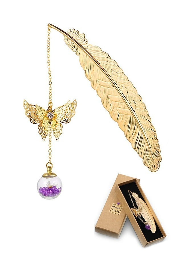 Feather Metal Bookmark, Vintage Handmade 3D Butterfly and Dried Flower Bead Pendant Book Markers, Retro Simple Creative Birthday Gifts (Silver) - Image 1