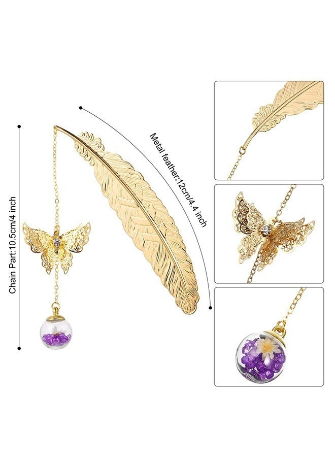 Feather Metal Bookmark, Vintage Handmade 3D Butterfly and Dried Flower Bead Pendant Book Markers, Retro Simple Creative Birthday Gifts (Silver) - Image 2