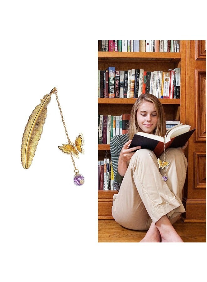Feather Metal Bookmark, Vintage Handmade 3D Butterfly and Dried Flower Bead Pendant Book Markers, Retro Simple Creative Birthday Gifts (Silver) - Image 4