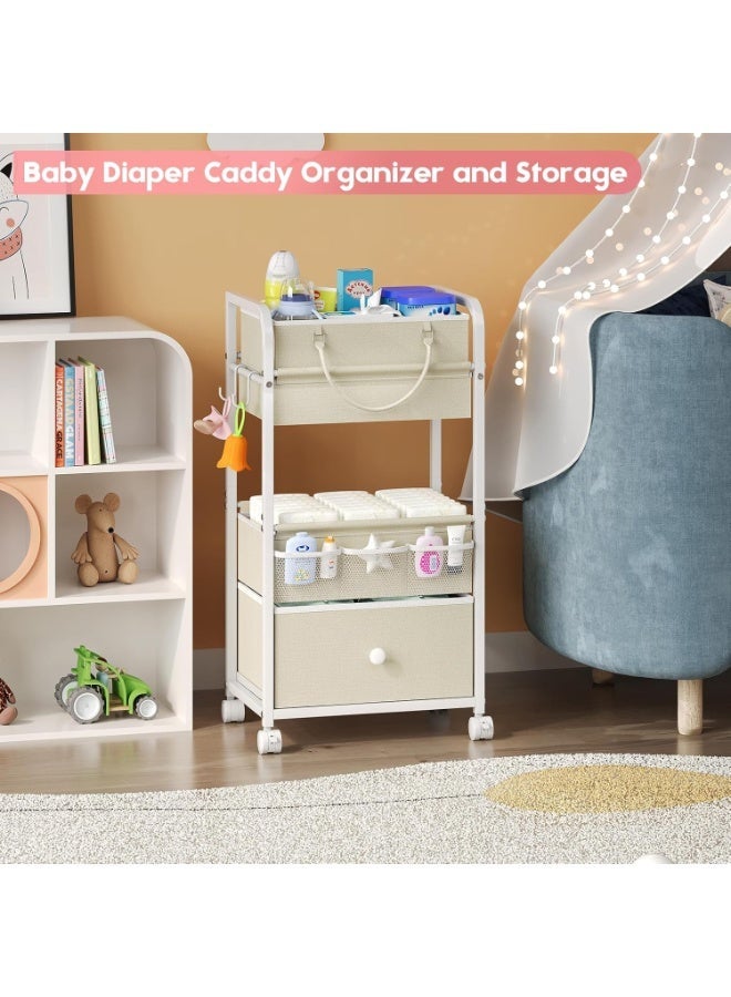 Uptyia 2In1 Baby Diaper Caddy Organizer and Storage, 3 Tier Rolling Cart with Drawer, Detachable Dividers, Mobile Utility Cart Baby Dresser Clothes Organizer for Crib, Bedroom, Art & Craft Storage - Image 2