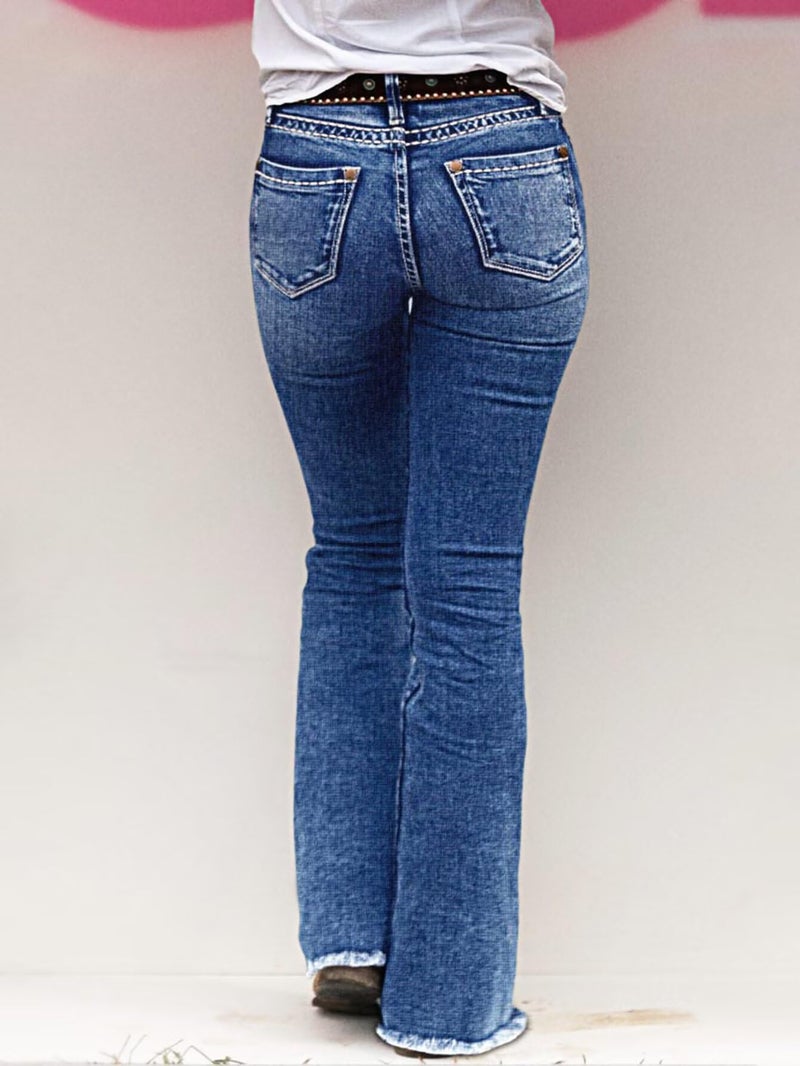 Flamingals Women's Buttoned Hem Bootcut Jeans Without Belt Mid Waist Casual Pants Mid Blue S - Image 3