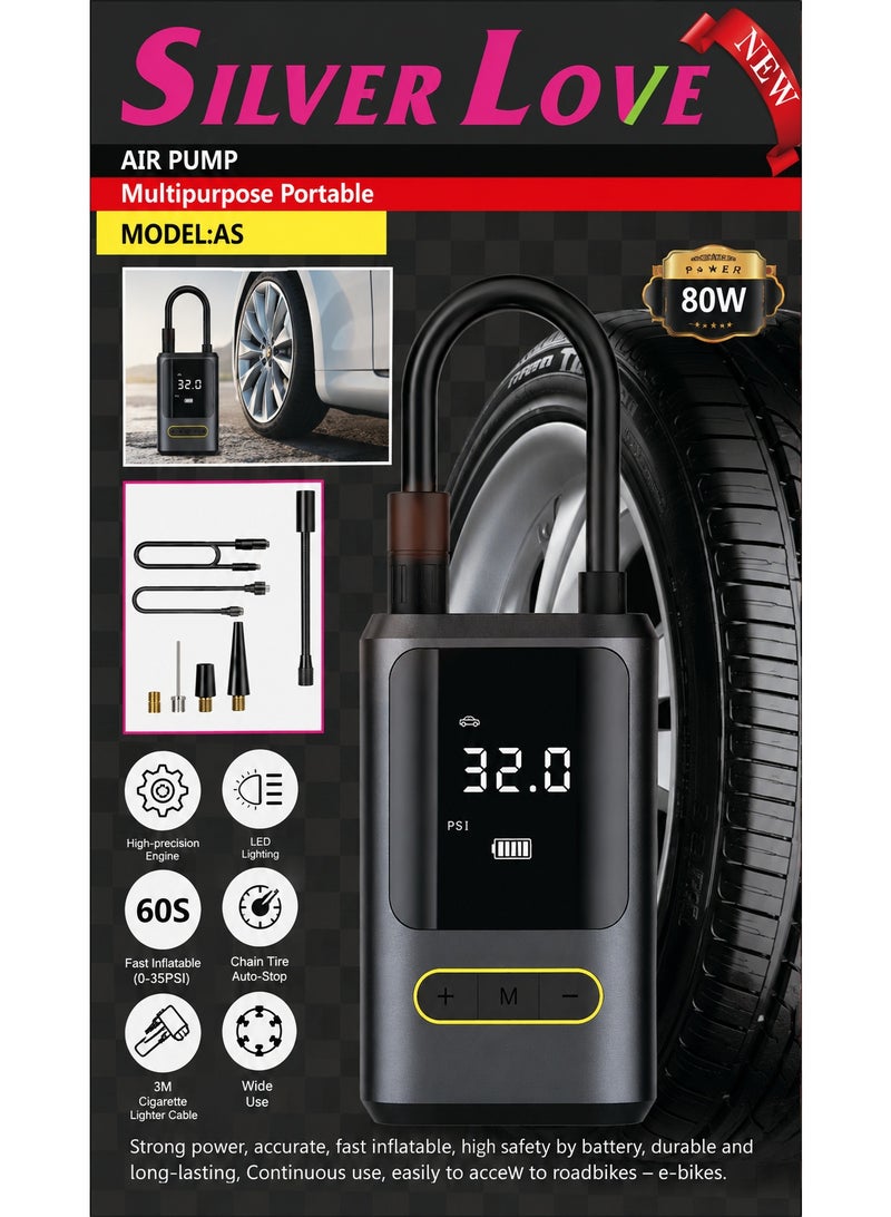 Silver Love Portable Air Compressor 80W Digital Tire Inflator Pump with LED Light, Auto Shut-Off & Multi-Nozzle Kit - Image 3