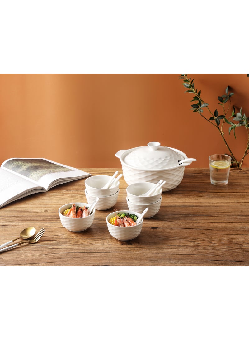 Dove 15-Piece Porcelain Soup & Bowl Set White, Set Includes (11 inch Soup Bowl, 8.5 inch Lid, 4.5 inch 6pcs Bowl, 9 inch Ladle, 5 inch 6pcs Spoon)