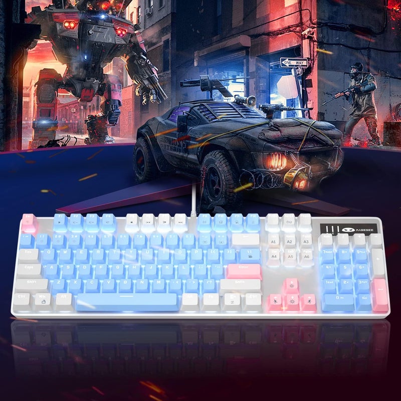 MageGee Mechanical Gaming Keyboard, 104 Keys White Backlit Mechanical Keyboards with Red Switches & Double-Shot Keycaps, Wired Ergonomic Computer Keyboard for Desktop, PC Gamers (White & Blue) - Image 3