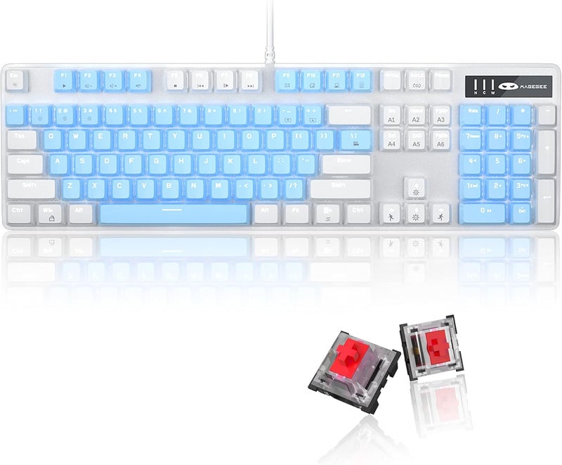 MageGee Mechanical Gaming Keyboard, 104 Keys White Backlit Mechanical Keyboards with Red Switches & Double-Shot Keycaps, Wired Ergonomic Computer Keyboard for Desktop, PC Gamers (White & Blue) - Image 1