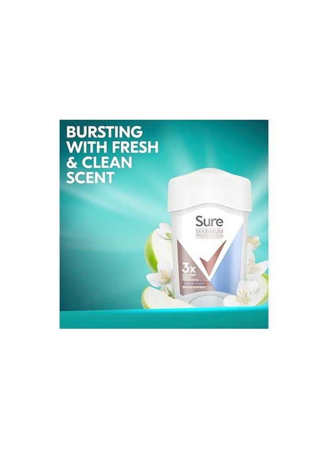 Sure Women Maximum Protection Clean Scent Anti-Perspirant Cream Deodorant Stick with 3x stronger* sweat protection for 96 hour sweat and odour protection 45 ml - Image 3