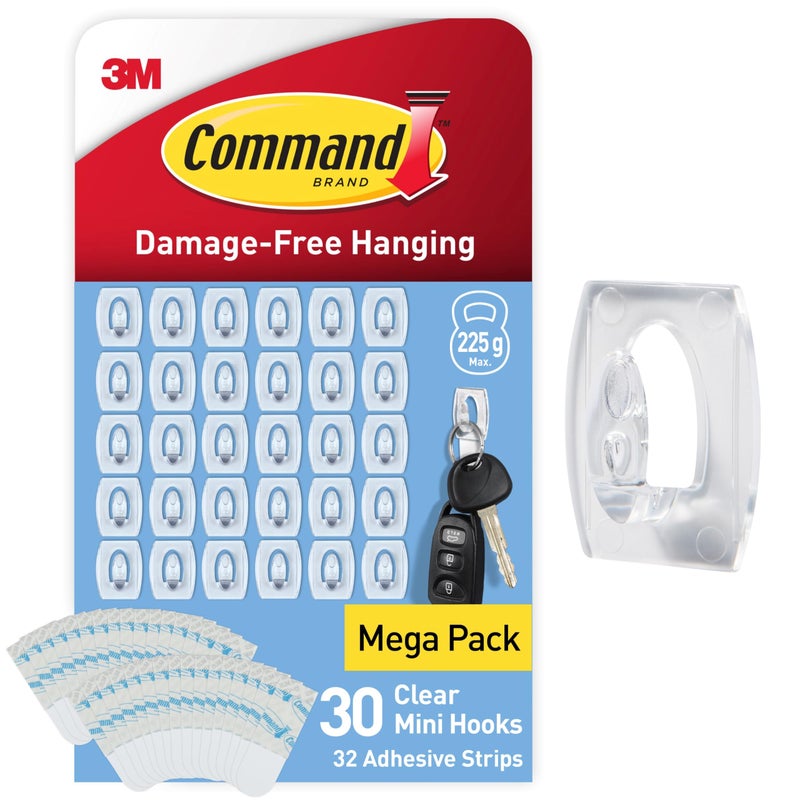 Command Mini Hooks, 30 Hooks, Transparent and 32 Small Adhesive Strips - Image 1